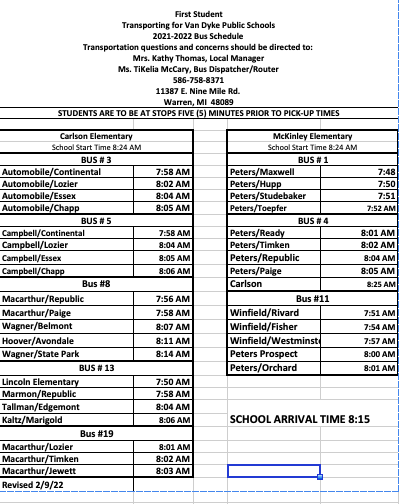 Bus Stops for Elementary-Revised 2/2022