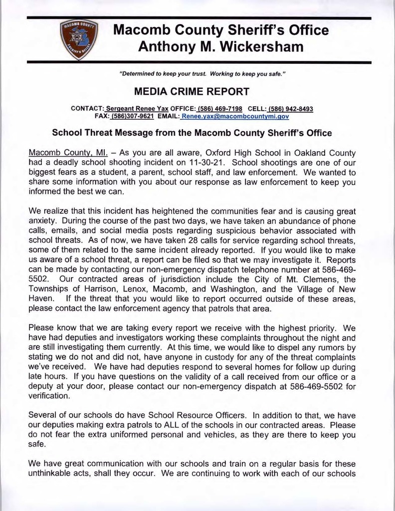 Statement from Macomb County Sheriff's Office
